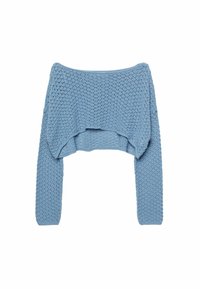 Pull tricoté bleu clair, raccourci, à manches longues, présentant un motif texturé en losanges et un large col bateau.