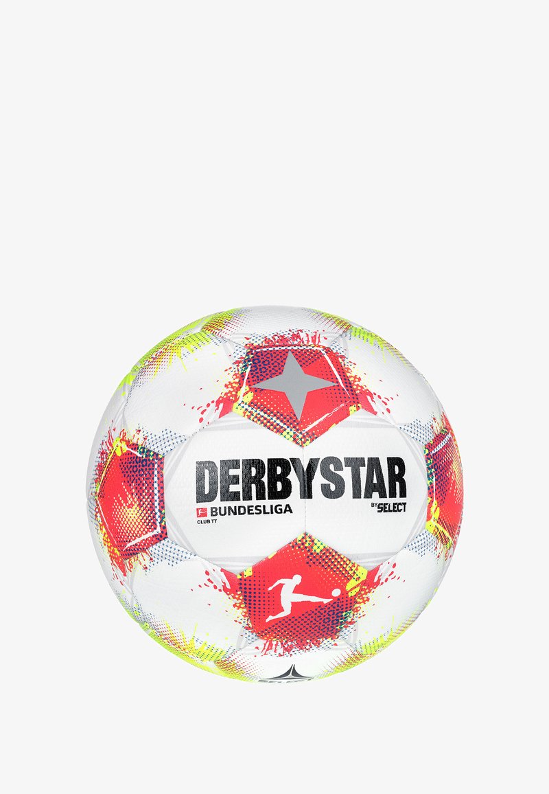 Ball de football Derbystar Bundesliga avec une surface blanche ornée d'hexagones rouges, des éclaboussures de jaune fluo et la silhouette d'un joueur en action.
