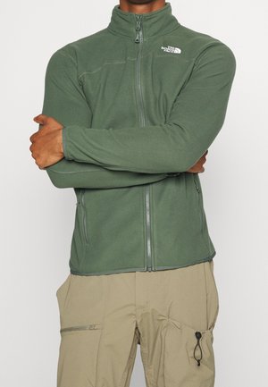 Personne portant une veste polaire verte zippée avec le logo The North Face et un pantalon beige avec poches zippées et cordon, bras croisés.