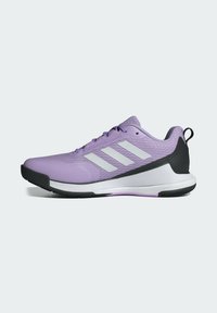 Purple athletic shoe featuring a textured upper, white stripes, black heel accent, and rubber outsole for grip.