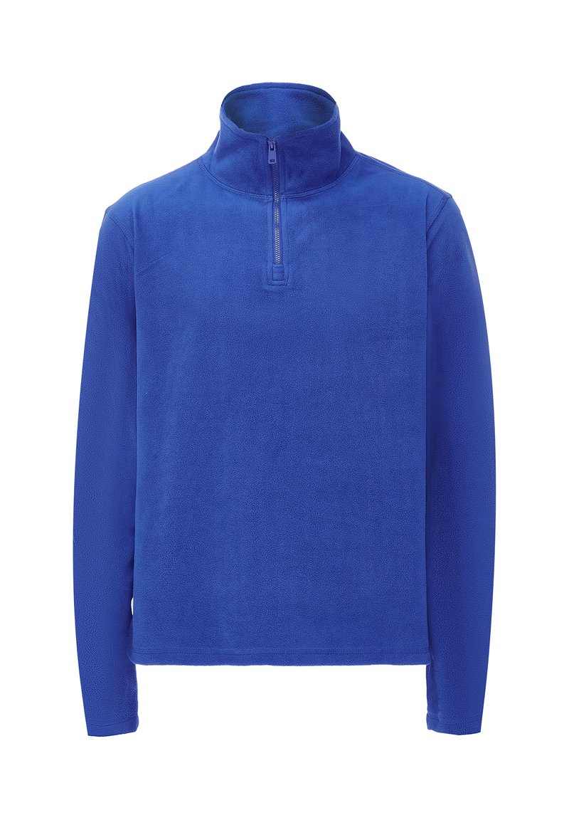 Pullover in pile di colore blu brillante, con colletto a mezza zip, maniche lunghe e una superficie morbida e testurizzata. Nessun motivo o dettaglio visibile.