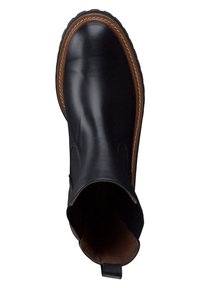 Stivaletto in pelle nera con pannelli elastici e punta rotonda. Presenta una suola e dettagli di cucitura in contrasto marrone lungo il bordo.