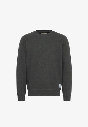 Tamno siva dukserica od mekog materijala, s okruglim izrezom, dugim rukavima, rebrastim manžetama i malom oznakom brenda na donjoj lijevoj strani.