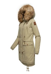 Khaki parka jacket with a faux fur hood, drawstring waist, and two front pockets, featuring metal hardware accents and a textured fabric.