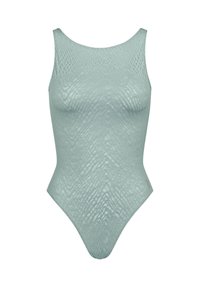 Costume da bagno intero verde menta con superficie texturizzata, caratterizzato da uno scollo a giro e una silhouette aderente. Nessun hardware visibile.