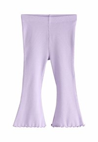Fialové legíny s rozšírenými nohavicami v rebrovanej textúre, s pásom v páse a zaobleným lemom. Vyrobené z elastického materiálu pre pohodlie.