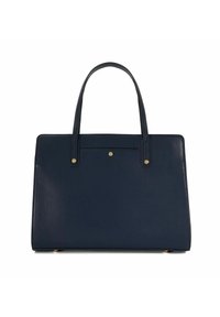 Granatowa skórzana torba typu tote o wyraźnym kształcie, z dwoma górnymi uchwytami, złotą hardware i prostym designem, z subtelnym detalem w postaci kropek.