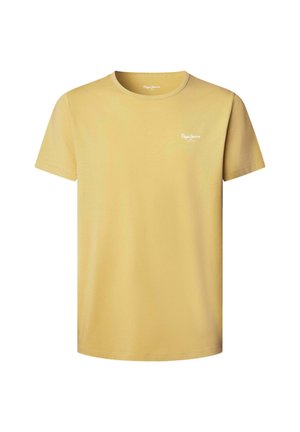 Korte mouw, ronde hals t-shirt in lichtgeel katoen, met een klein wit logo op de bovenste linker borst. Zachte, gladde textuur.