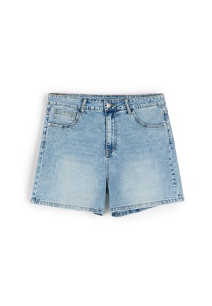 Jasnoniebieskie szorty dżinsowe o prostym kroju, pięcio-kieszeniowym wzorze i zapięciu na guziki. Posiadają lekko postarzaną tkaninę i przeszywane wykończenia.