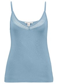 Ljusblå spetslinne med tunna axelremmar, som har en texturerad mesh-yoke och en v-ringning, tillverkad av ett mjukt och slätt tyg. Inga mönster eller detaljer.