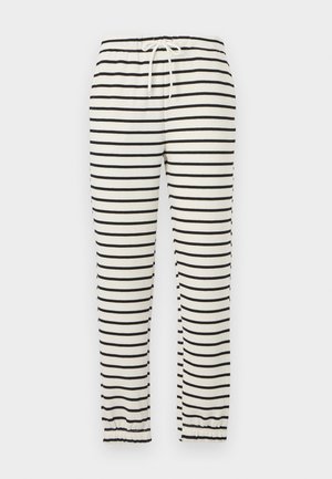 Stripete bukser i myk stoff med horisontale svarte striper på en kremfarget bakgrunn. Elastisk strikk i livet med snøring og smale ermer.