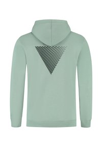 Lichtgroene hoodie met een zwart gestreepte omgekeerde driehoek ontwerp op de bovenrug, met een capuchon en lange mouwen.