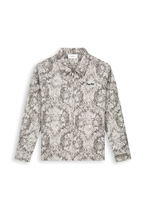 Vesten met lange mouwen en ritssluiting, met kraag, grijs-wit abstract patroon en kleine zwarte geborduurde tekst op de linkerborst.