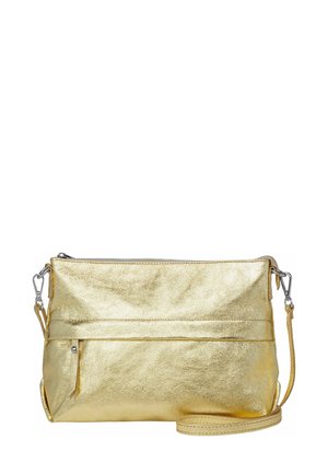 Metallisches Goldenes Crossbody-Bag aus strukturiertem Leder, mit einem oberen Reißverschluss, einer Vortasche und einem verstellbaren Tragegurt.