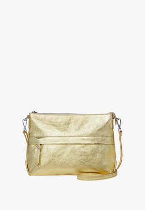 Metallic gold crossbody bag made of textured leather, featuring a top zipper, front pocket, and an adjustable strap.