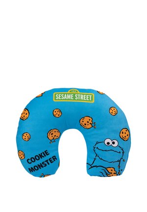 Blue U-shaped neck pillow with Cookie Monster and cookies design, Sesame Street logo, and "Cookie Monster" text.