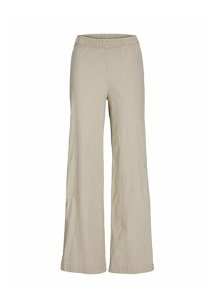Beige weite Damenhose aus Leinen mit einem elastischen Bund und einer glatten Textur, gerader Schnitt ohne sichtbare Hardware.