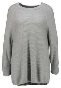 Hellgrauer Langarmpullover mit weiter Ausschnittform, gerippter Textur und seitlichen Schlitzen, der eine lockere Passform und weiches Strickmaterial aufweist.