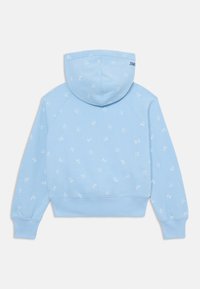 Light blue hooded sweatshirt made of soft material, featuring white floral patterns, ribbed cuffs, and a cropped design.