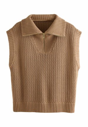 Top sans manches en tricot brun avec un col côtelé, un décolleté zippé et un motif en maille texturée sur l'ensemble. Le bas a un ourlet côtelé.