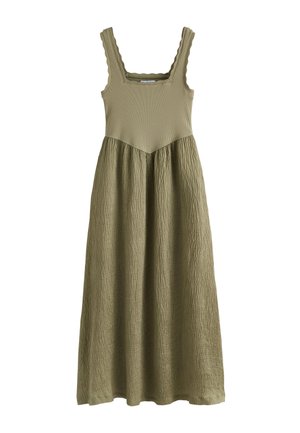 Vestido midi sin mangas en verde oliva con corpiño ajustado acanalado, escote cuadrado con bordes ondulados y falda texturizada y fluida.