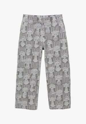Grey pants with an elastic waistband featuring a repeating pattern of abstract, cubist-style faces in light grey.