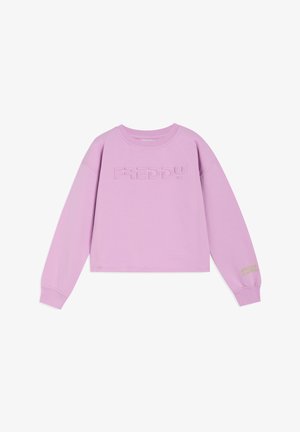 Felpa lilla con maniche lunghe, scollo rotondo e scritta "FREDDY" in rilievo sul davanti. Dettagli testurizzati verdi sulla manica.