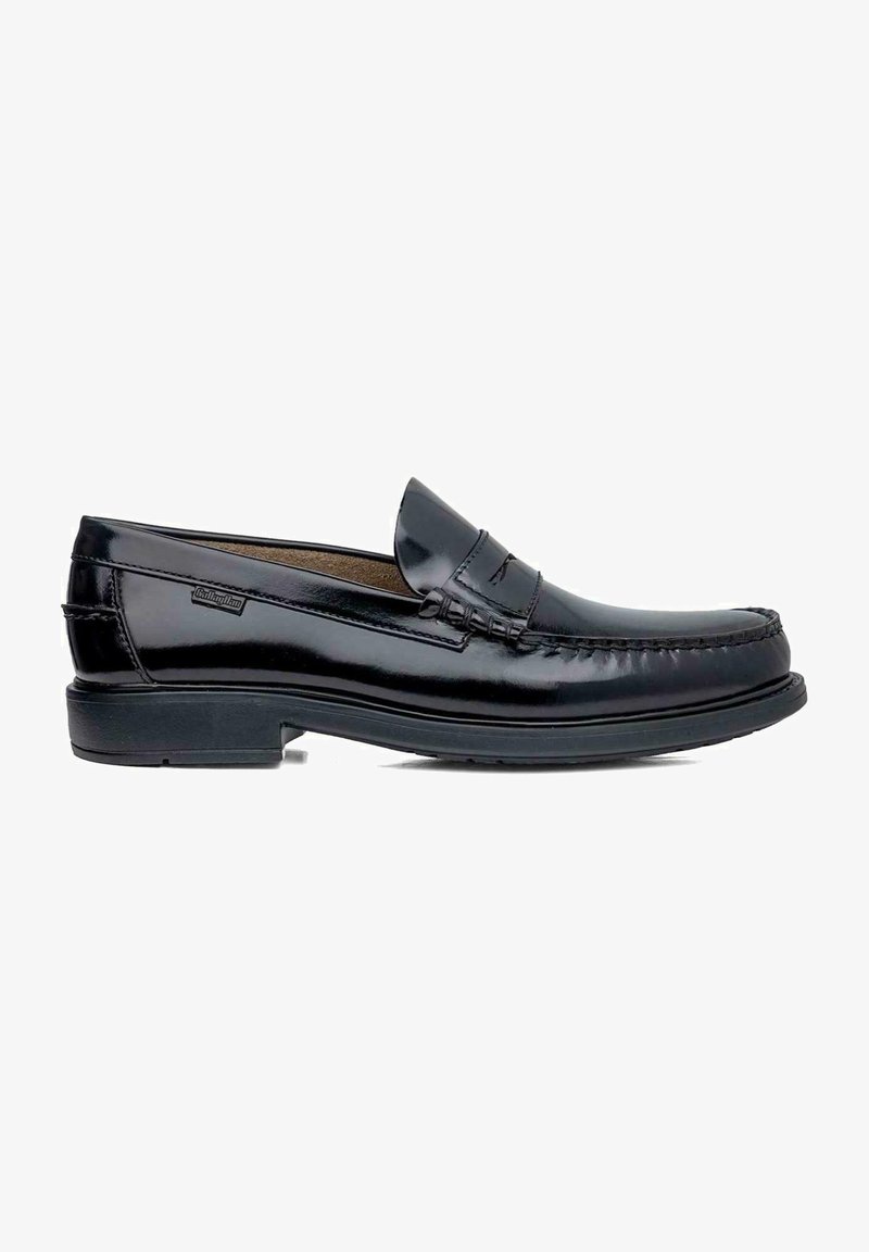 Mocassins en cuir noir avec une finition brillante, un bout cousu et un cou-de-pied surélevé. Ils disposent d'une semelle en caoutchouc durable et d'un subtil logo.