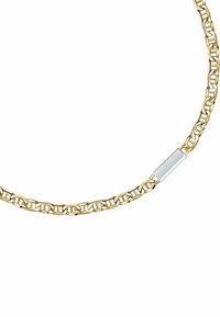 Goldkettchen bestehend aus miteinander verbundenen ovalen Gliedern mit einem polierten silbernen rechteckigen Verschluss. Glatte Textur und glänzende Oberfläche.