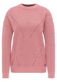 Růžový pletený svetr s kulatým výstřihem, strukturovanou tkaninou a diagonálním vzorem výřezů na přední části a rukávech.