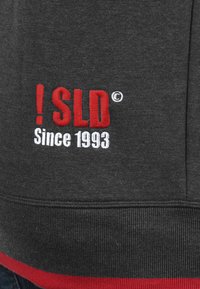 Dark gray sweatshirt with red and white embroidered text reading "! SLD Since 1993" on the front. Ribbed cuffs and hem. Soft texture.
