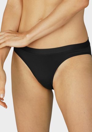 Parte inferiore di bikini nera realizzata in tessuto liscio, con un ampio bordo in vita e copertura moderata con cuciture minime.