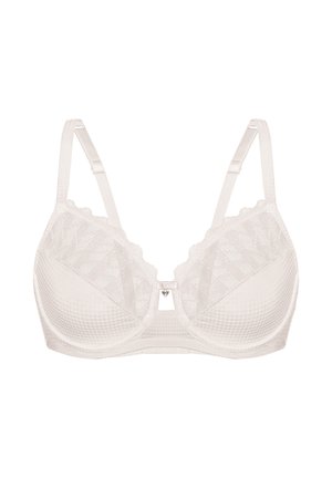 Weißer Spitzen- und Mesh-BH mit verstellbaren Trägern und Bügel, verziert mit einem kleinen herzförmigen Anhänger in der Mitte vorne.
