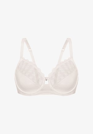 Weißer Spitzen- und Mesh-BH mit verstellbaren Trägern und Bügel, verziert mit einem kleinen herzförmigen Anhänger in der Mitte vorne.
