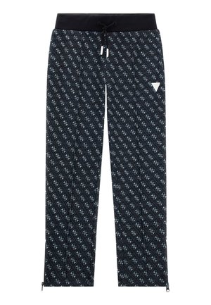 Des joggings noirs à motifs présentent des designs géométriques blancs, une taille à cordon de serrage et des bas de pantalon zippés pour un ajustement ajustable. Matériau textile doux.