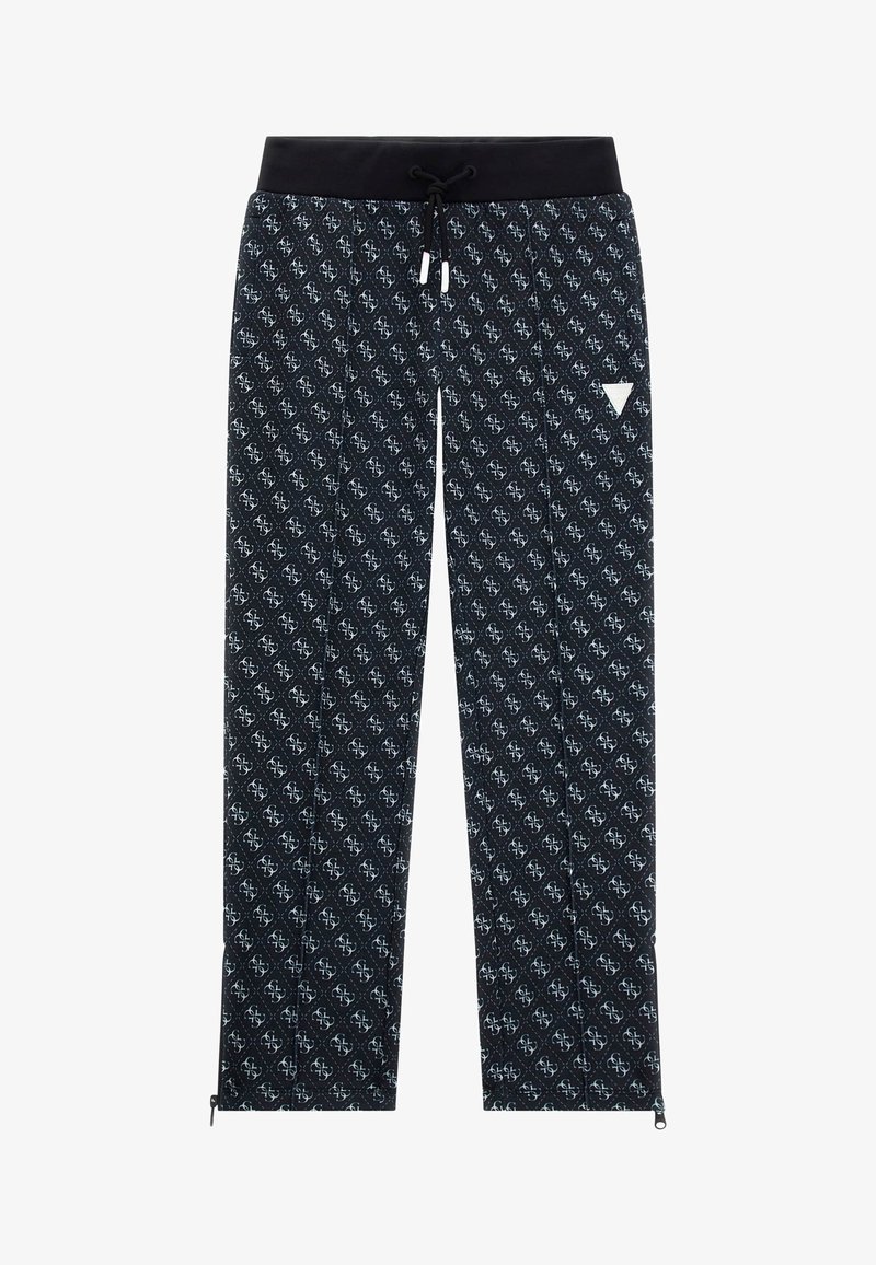 Schwarze Jogginghosen mit gemustertem Design, weißen geometrischen Mustern, einem Kordelzugbund und Reißverschlussenden für eine anpassbare Passform. Aus weichem Textilmaterial.