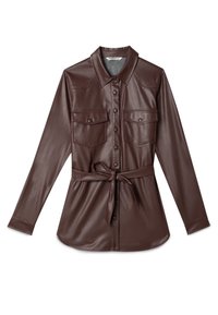 Brązowa koszula z eko skóry z długimi rękawami, zapinana na guziki z przodu, dwoma kieszeniami na piersi oraz wiązaniem w talii dla dopasowanego wyglądu. Gładka, błyszcząca faktura.