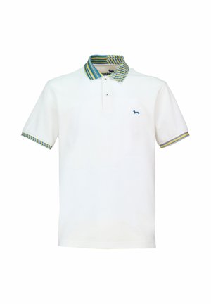 Bílá polokošile s pruhovaným límečkem a manžetami v modré, zelené a žluté barvě. Na hrudi je malé modré logo. Klasický design, krátké rukávy.