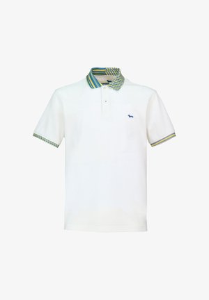 Bílá polokošile s pruhovaným límečkem a manžetami v modré, zelené a žluté barvě. Na hrudi je malé modré logo. Klasický design, krátké rukávy.