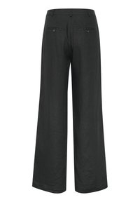 Schwarze, weite Leinenhosen mit glatter Textur, Gesäßtaschen mit Knopfverschluss und klassischem, lockeren Schnitt.