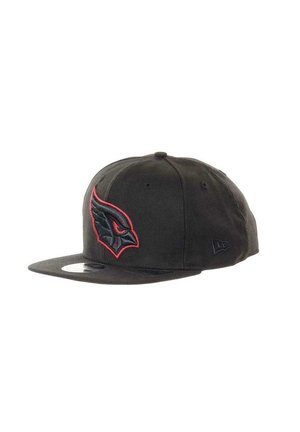Black baseball cap with a flat brim, featuring an embroidered red and black cardinal logo on the front and a textured fabric.