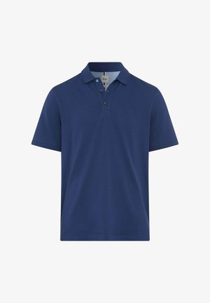 Marineblaues Poloshirt mit schlichtem Design, kurzen Ärmeln, klassischem Kragen und drei Knöpfen am Ausschnitt. Weicher, glatter Stoff.