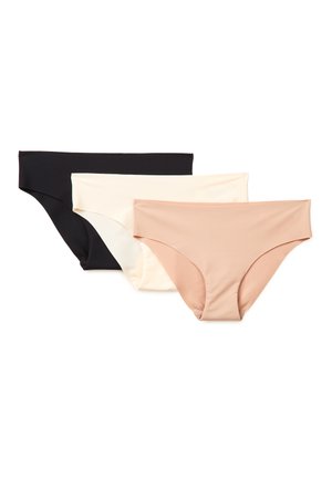 Trzy bezszwowe damskie majtki w kolorach czarnym, białym i beżowym, ułożone na sobie na białym tle.