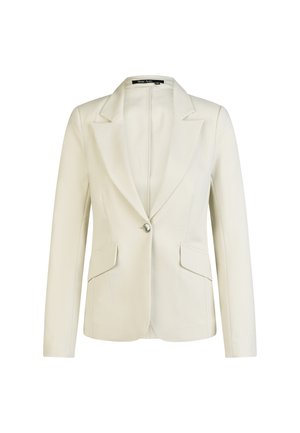 Weißer Blazer mit einem Knopf, Revers mit Kerbe, Pattentaschen und langen Ärmeln, dargestellt vor einfachem Hintergrund.