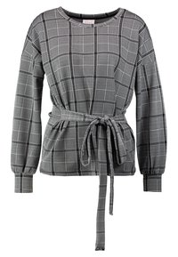 Czarny i biały top w kratę z długimi rękawami, okrągłym dekoltem i sznurkiem w talii. Wykonany z teksturowanej tkaniny, z elastycznymi mankietami.
