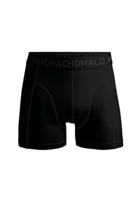 Črne bokserice z gladkim, raztegljivim materialom. Imajo širok elastični pas z logotipom "MUCHACHO MALO" in kontrastnim šivanjem.