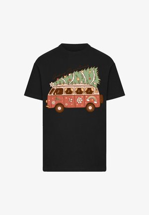 Black t-shirt featuring a graphic of a pink vintage van with a Christmas tree on top, decorated with flowers and candy canes.