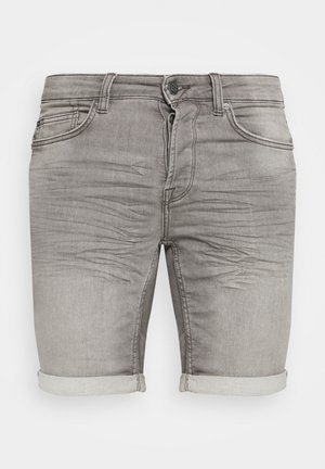 Sive jeans kratke hlače z zbledelim izgledom, s polkrožnim robom, petimi žepi in gumbom za zapiranje. Teksturna tkanina z diskretnimi gubami.