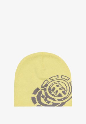 Hellgelbe gestrickte Mütze mit einem teilweisen dunkelgrauen, kreisförmigen, abstrakten Muster auf einer Seite.
