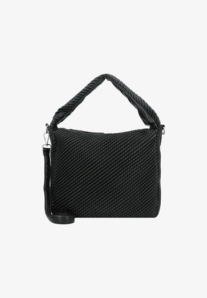 Czarna pleciona torebka z plecionym uchwytem, o fakturowanej powierzchni z odpinanym paskiem na ramię. Zapinana na suwak z boku.